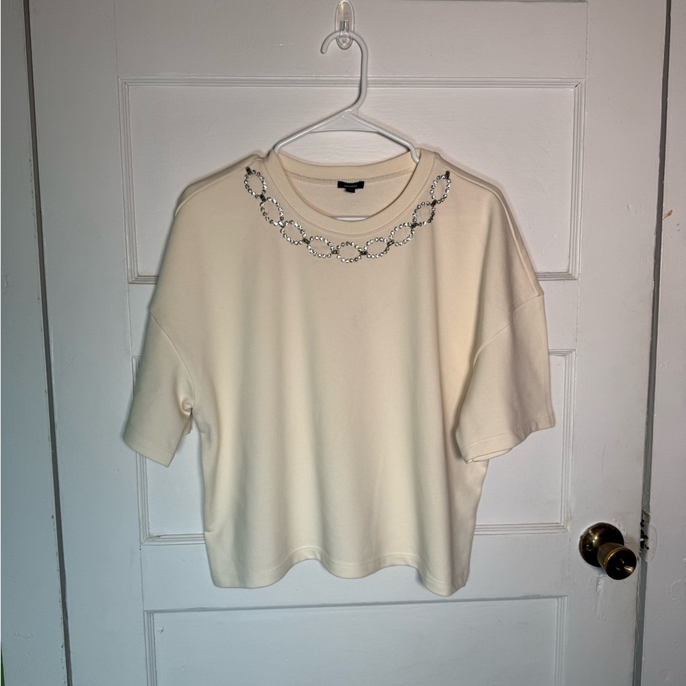 Express Chic Cream Short Oversized Sleeve Top with Embellished Detail